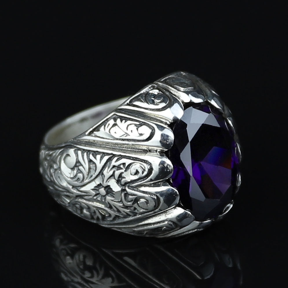 925 Sterling Silver Amethyst Ring for Men – Handmade Vintage Style