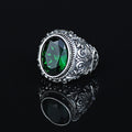 Men Silver Engraved Oval Emerald Gemstone Ring