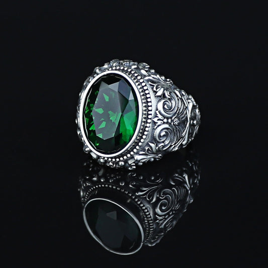 Men Silver Engraved Oval Emerald Gemstone Ring