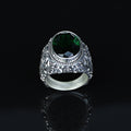 Men Silver Engraved Oval Emerald Gemstone Ring