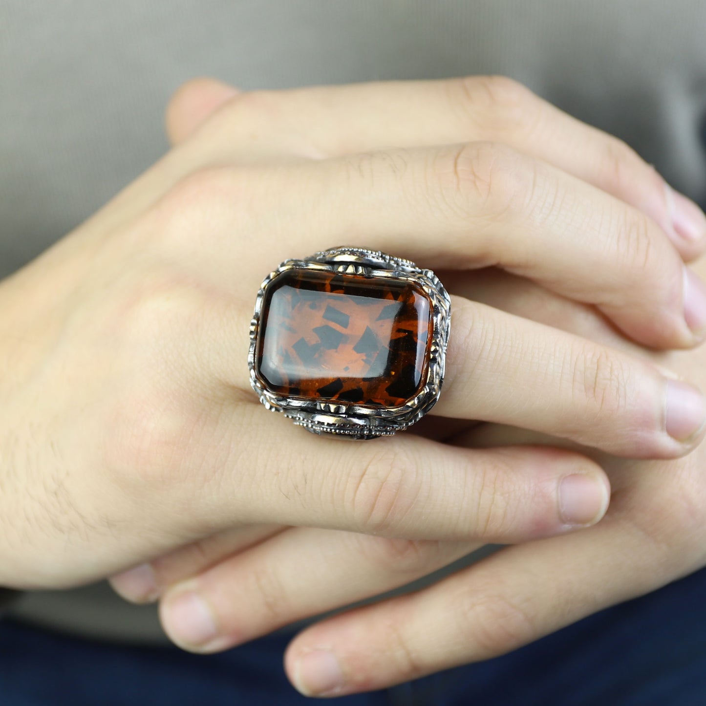 Men Handmade Ottoman Style Large Natural Amber Ring