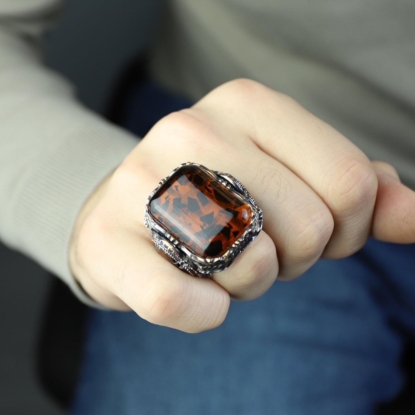 Men Handmade Ottoman Style Large Natural Amber Ring