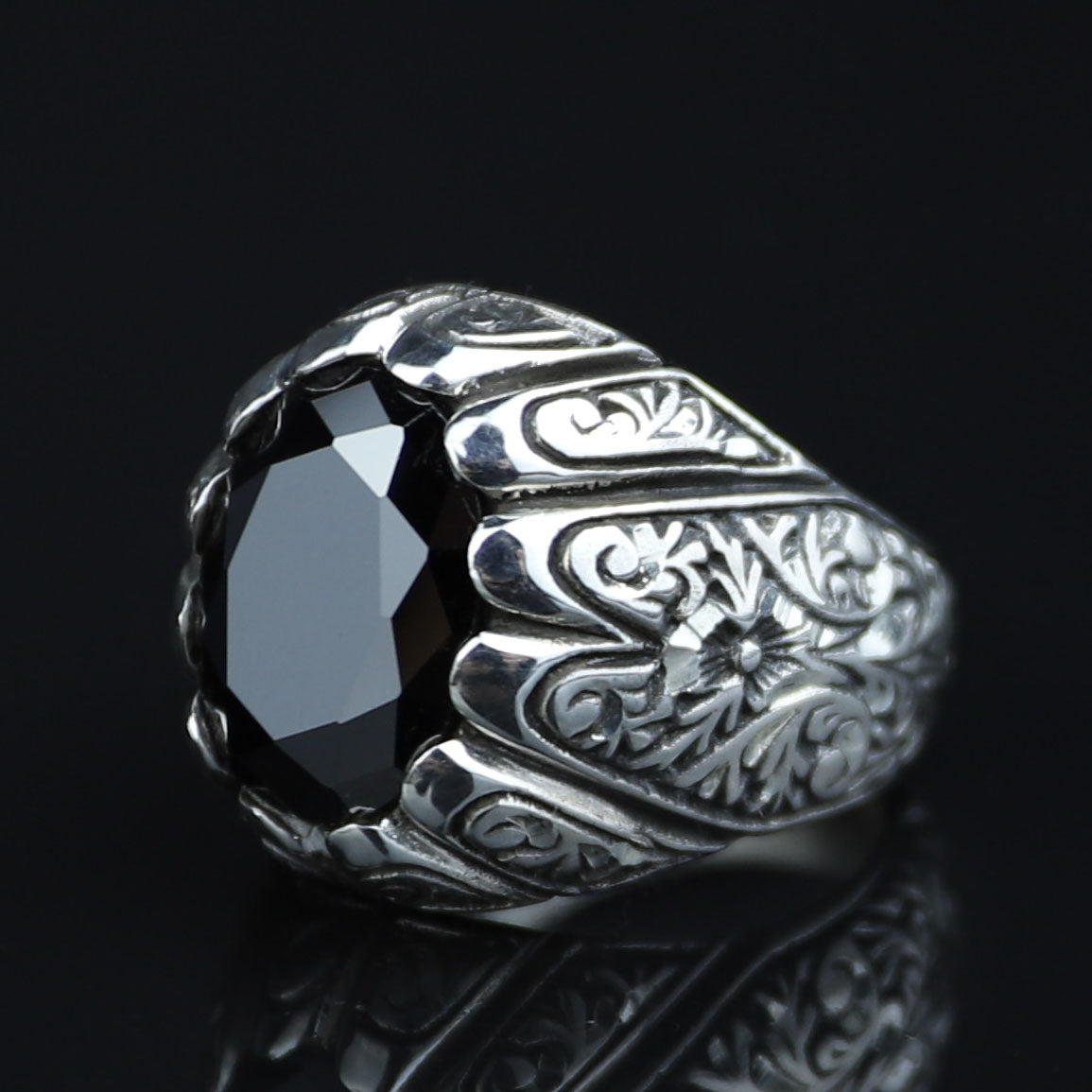 Silver Black Moissanite Ring for Men – Ottoman Style. 925