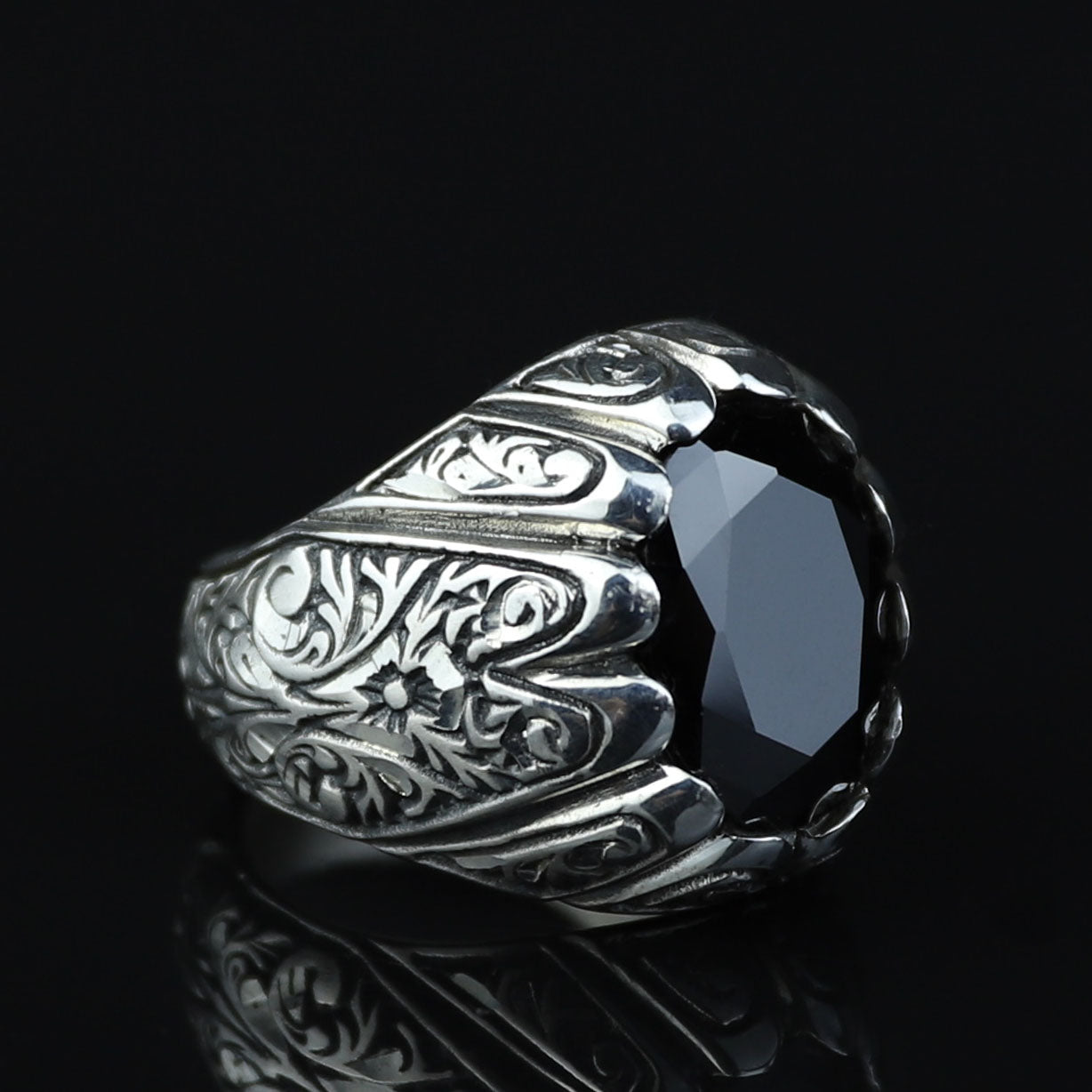Silver Black Moissanite Ring for Men – Ottoman Style. 925