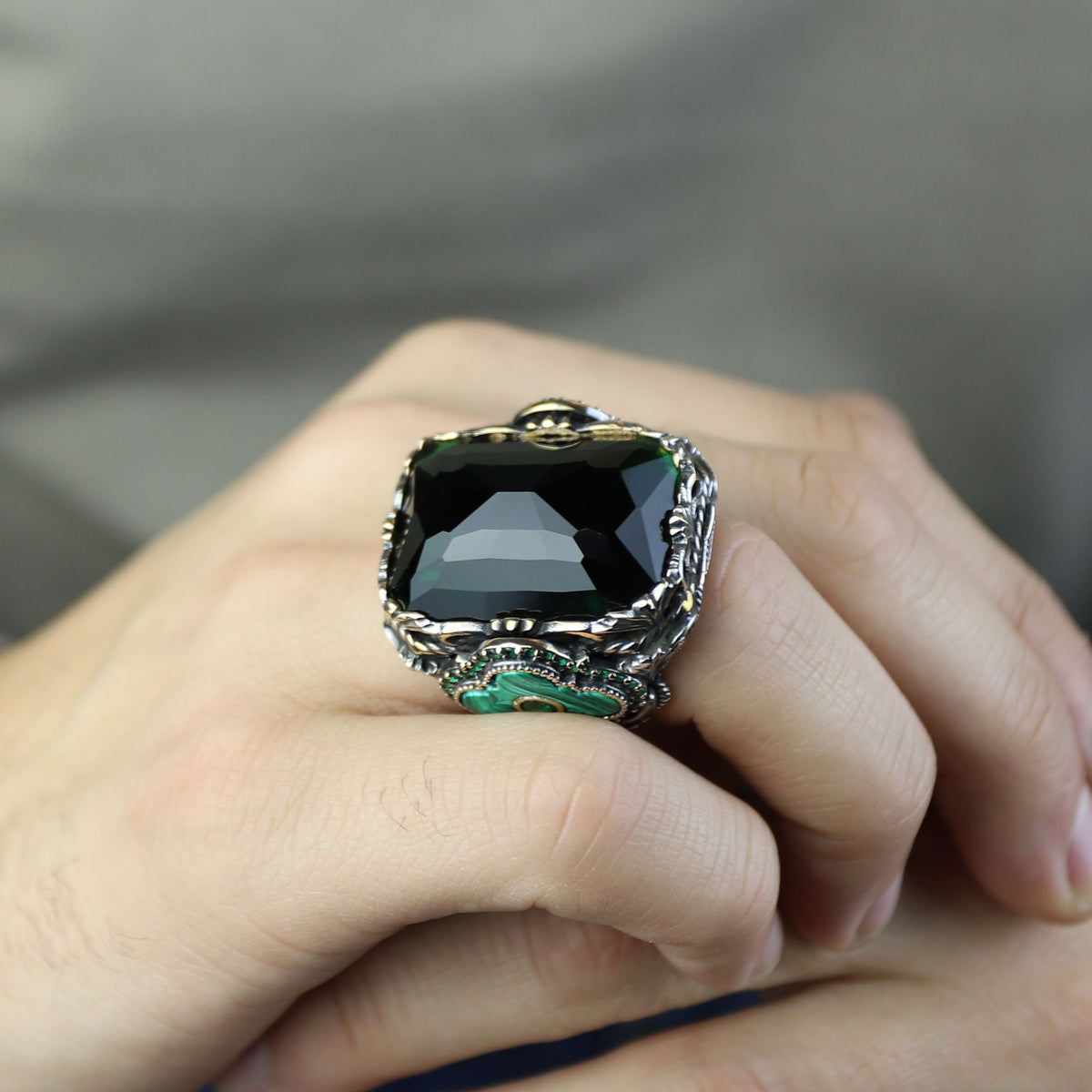 Men Handmade Large Green Emerald Gemstone Silver Ring