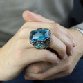 Handgefertigter Herrenring mit großem quadratischem Aquamarin-Edelstein