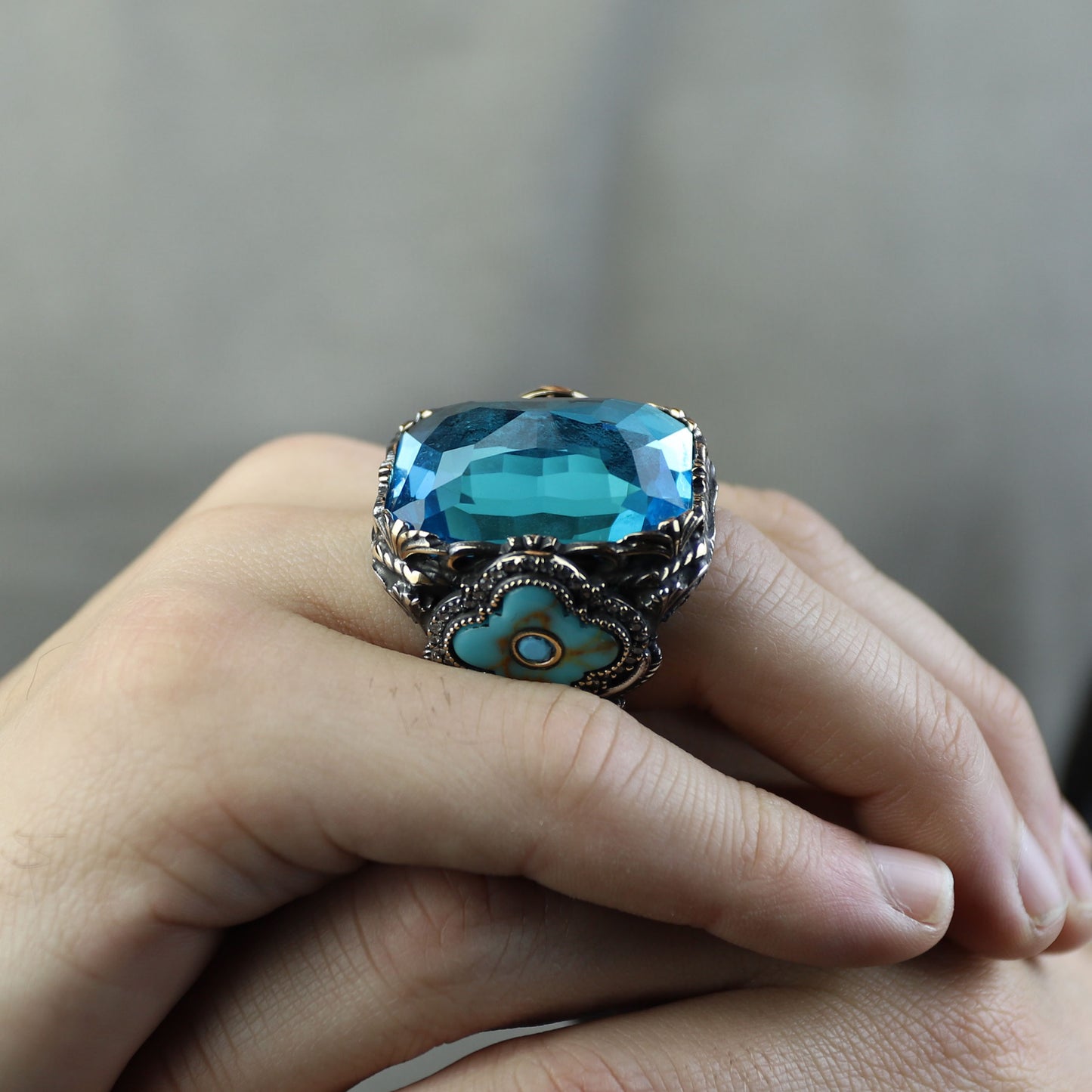 Men Handmade Large Square Aquamarine Gemstone Ring
