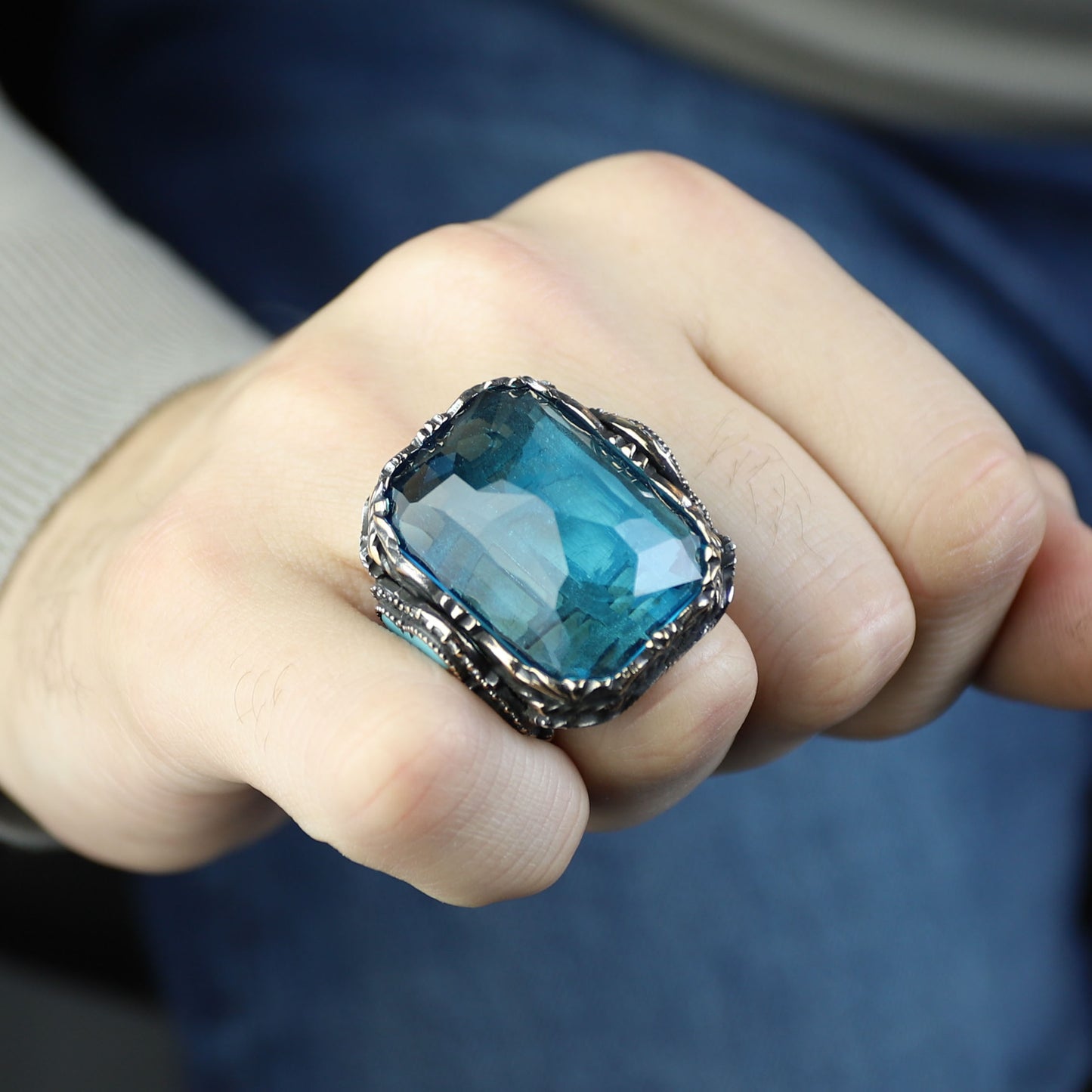 Men Handmade Large Square Aquamarine Gemstone Ring