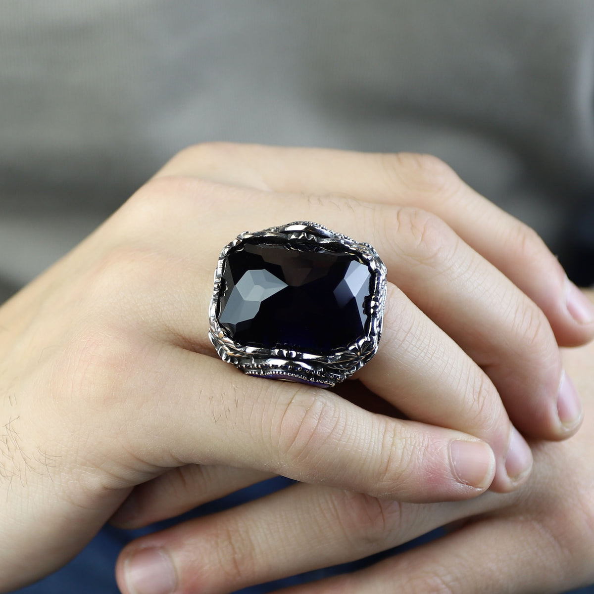 Men Handmade Square Large Sapphire Gemstone Ottoman Ring