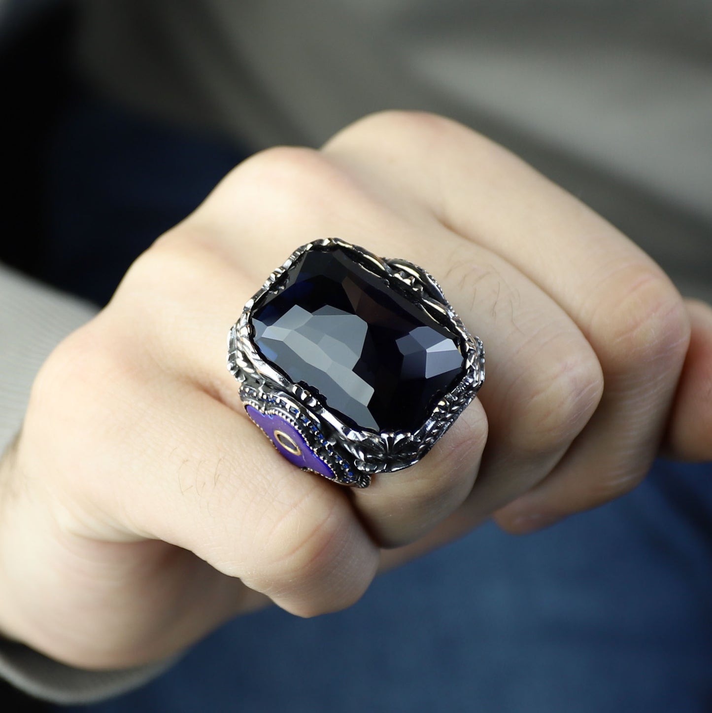 Men Handmade Square Large Sapphire Gemstone Ottoman Ring