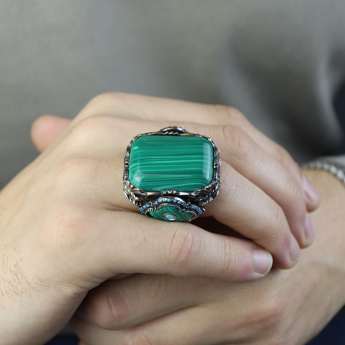 Men Silver Large Natural Malachite Turkish Handmade Ring