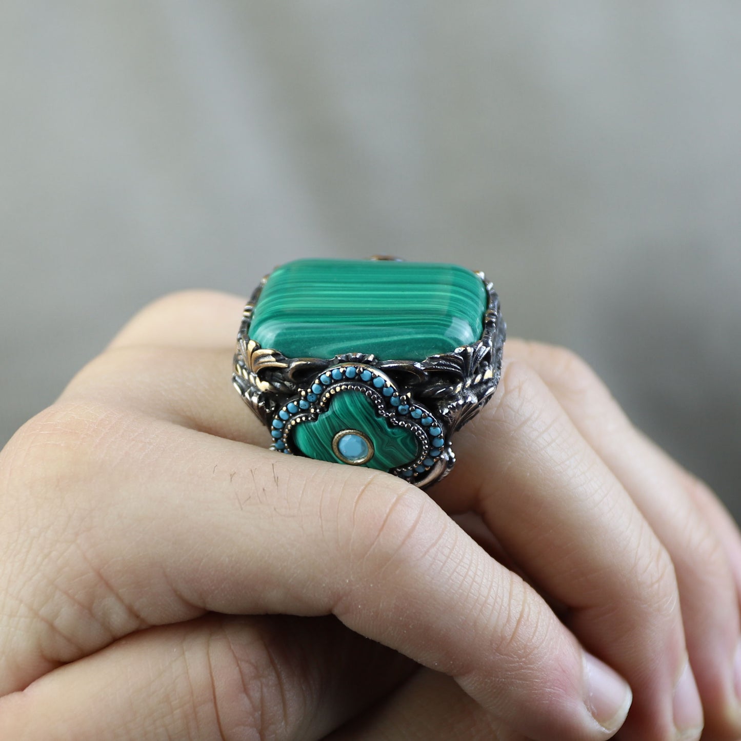 Men Silver Large Natural Malachite Turkish Handmade Ring
