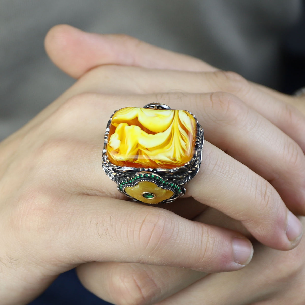 925 Sterling Silver Men Silver Large Gemstone Yellow Agate Ring