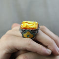 925 Sterling Silver Men Silver Large Gemstone Yellow Agate Ring