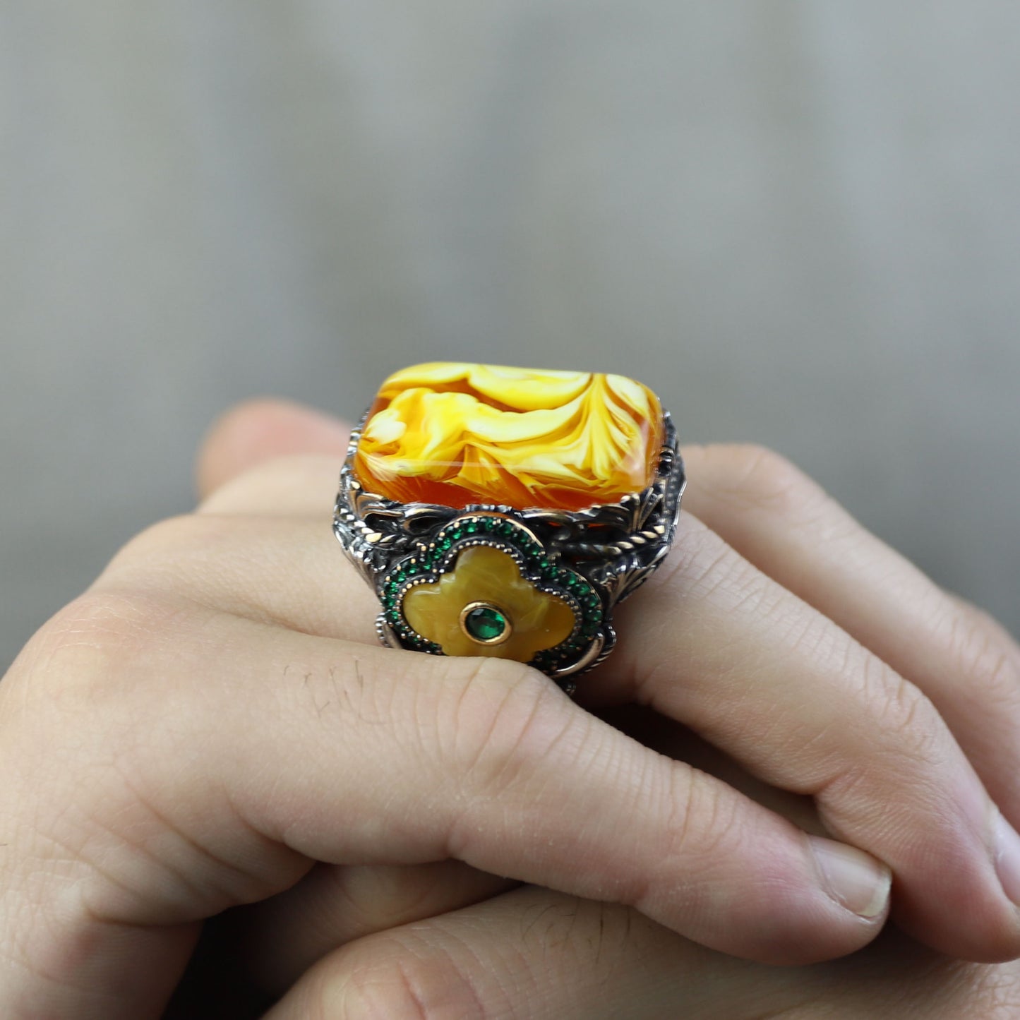 925 Sterling Silver Men Silver Large Gemstone Yellow Agate Ring