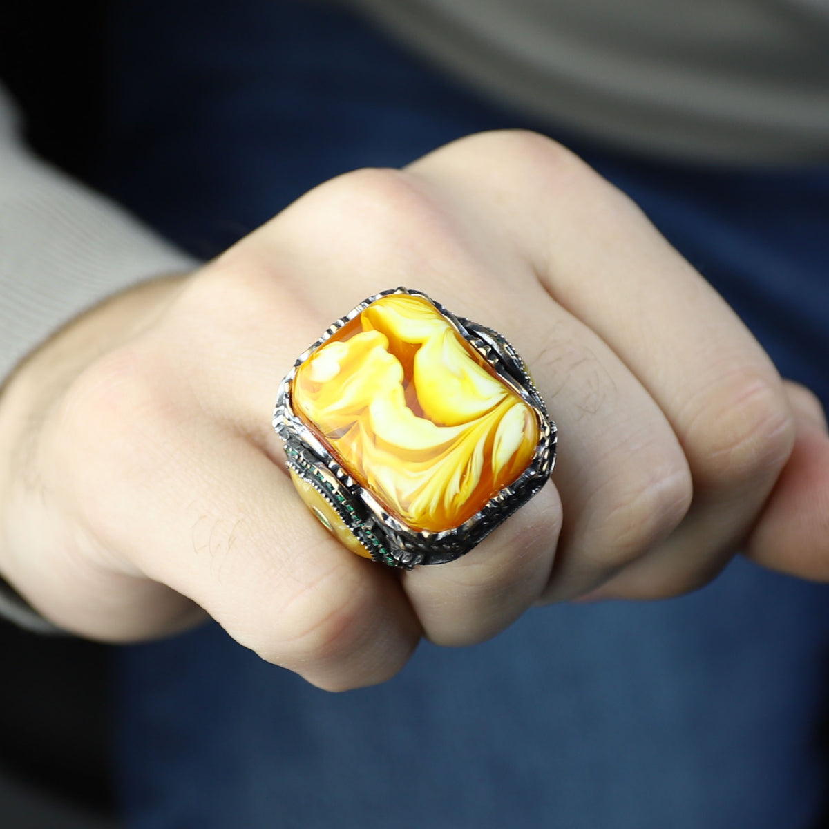 925 Sterling Silver Men Silver Large Gemstone Yellow Agate Ring