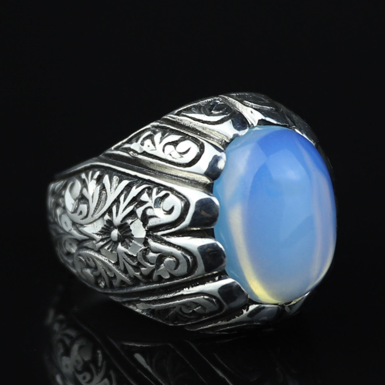 925 Sterling Silver Moonstone Ring for Men Natural Rainbow Moonstone Vintage Style