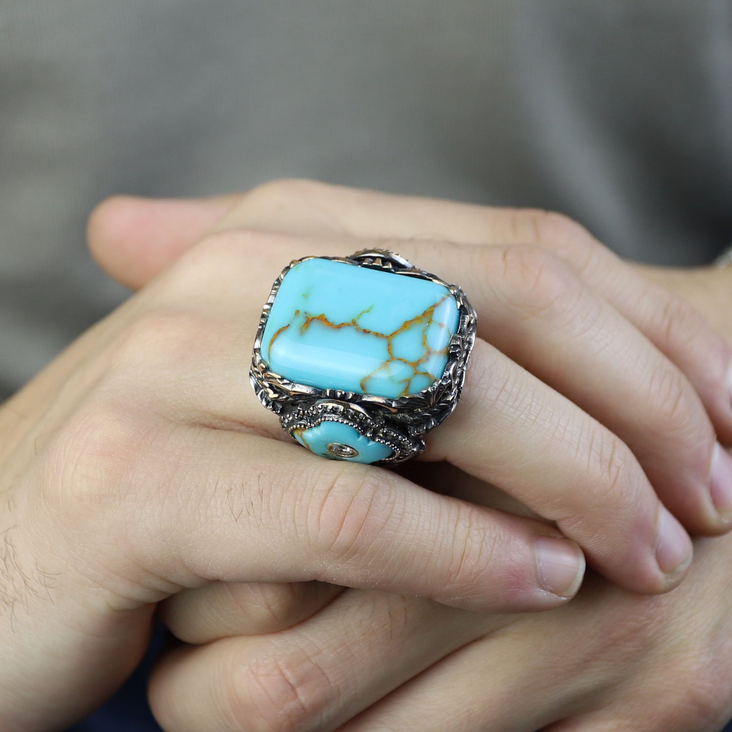 Men Silver Handmade Large Natural Turquoise Engraved Ring