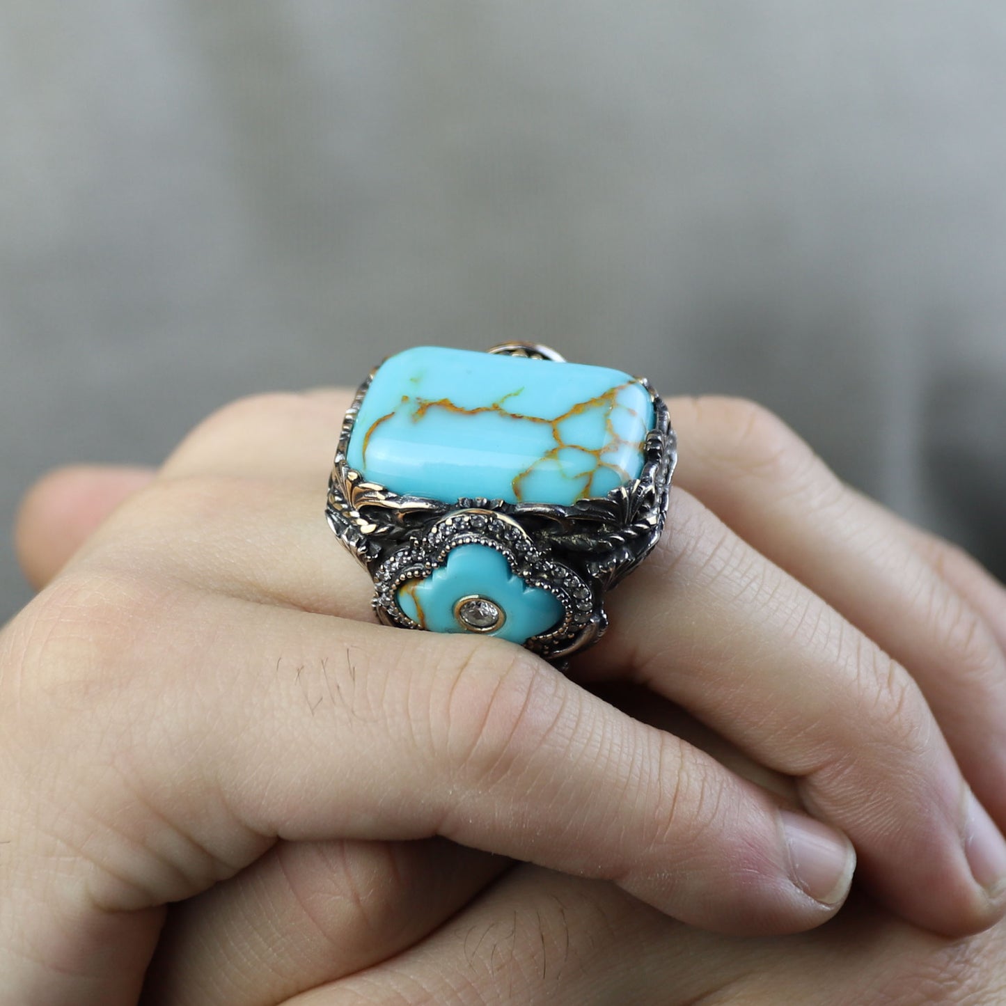 Men Silver Handmade Large Natural Turquoise Engraved Ring