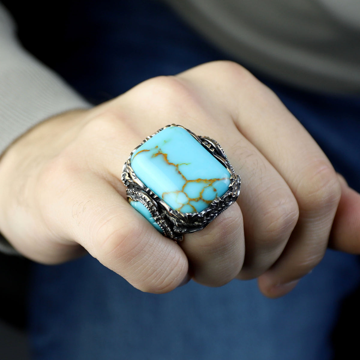Men Silver Handmade Large Natural Turquoise Engraved Ring