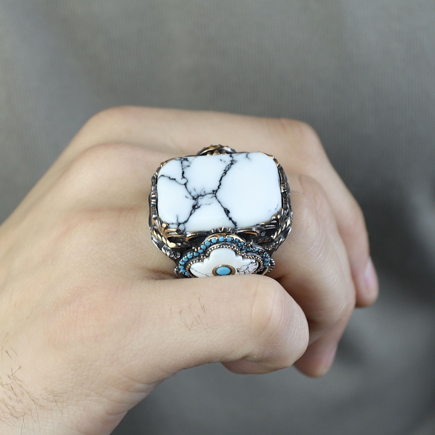 Men Silver Large White Turquoise Turkish Handmade Ring