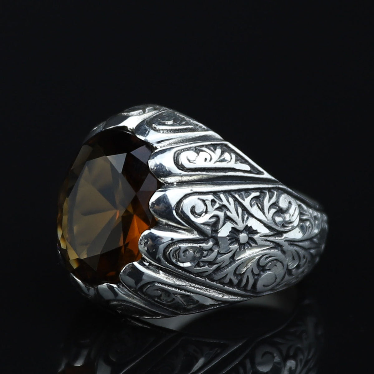 Silver Sultanite Ring for Men – Vintage Engraved Signet Style