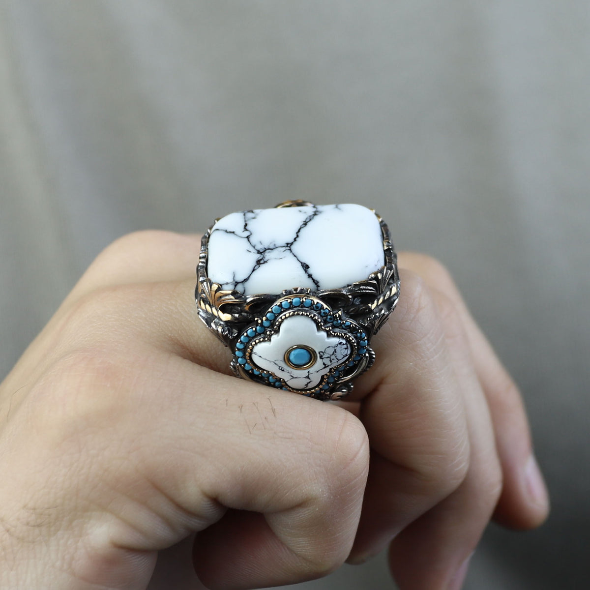 Men Silver Large White Turquoise Turkish Handmade Ring