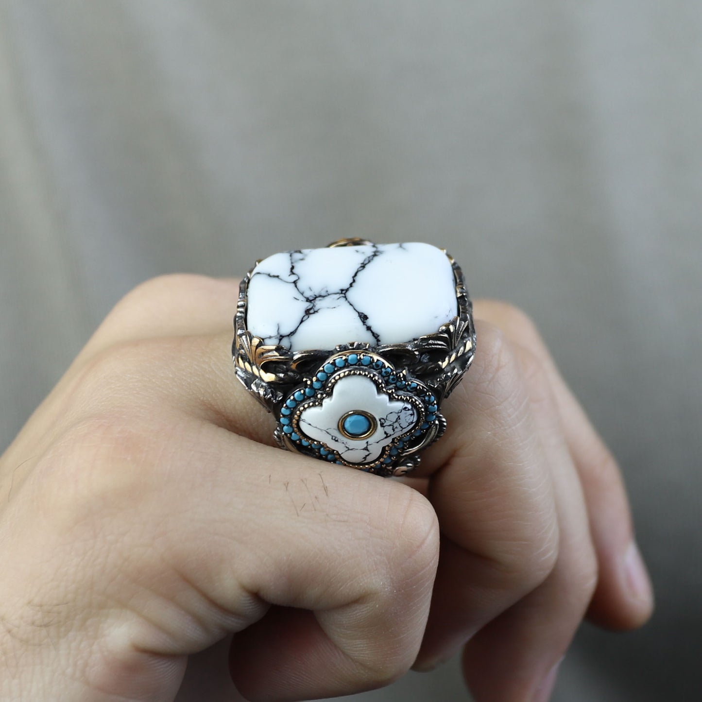 Men Silver Large White Turquoise Turkish Handmade Ring