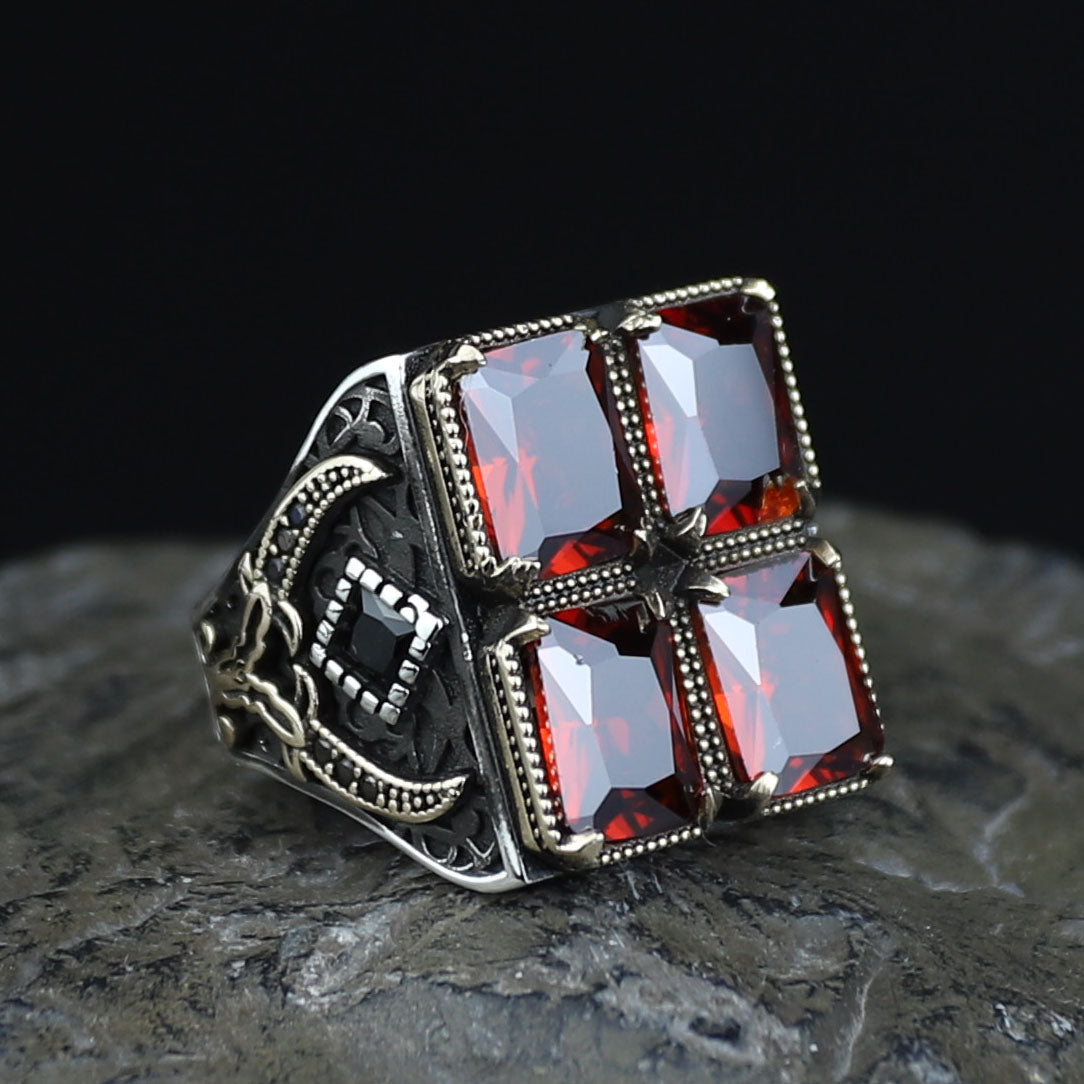Turkish Handmade Ruby Stone Ring, Large Zulfiqar Sword Ring, Silver Red Gemstone Ruby Ring, Vintage Ruby Ring Anniversary Gift