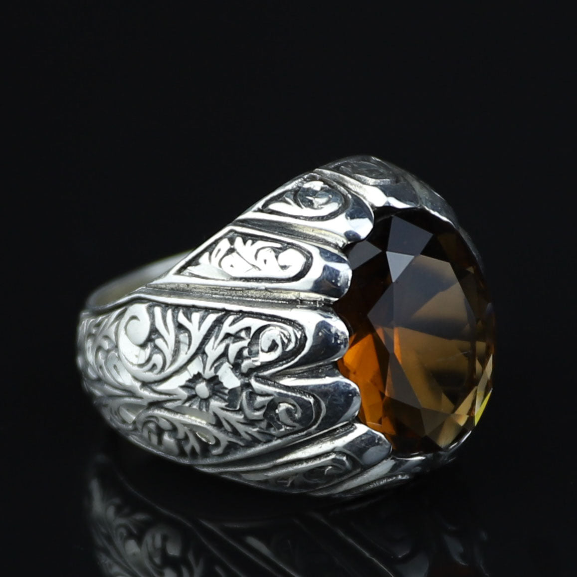 Silver Sultanite Ring for Men – Vintage Engraved Signet Style