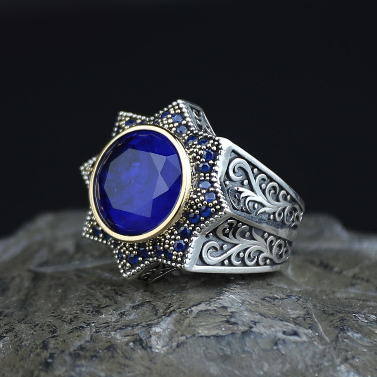 Mens Blue Sapphire Ring, Star Sapphire Gemstone Ring, Turkish Handmade Ottoman Style Ring, Turkish Handmade Ring, 925 Sterling Silver