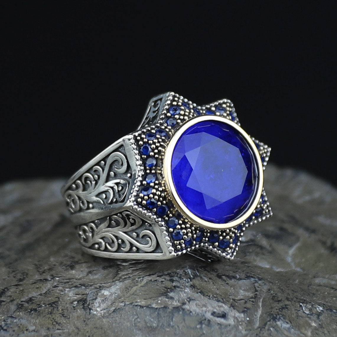 Mens Blue Sapphire Ring, Star Sapphire Gemstone Ring, Turkish Handmade Ottoman Style Ring, Turkish Handmade Ring, 925 Sterling Silver