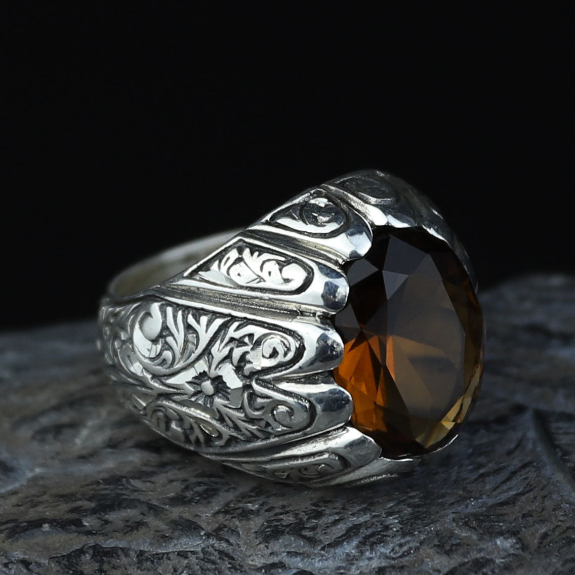 Silver Sultanite Ring for Men – Vintage Engraved Signet Style
