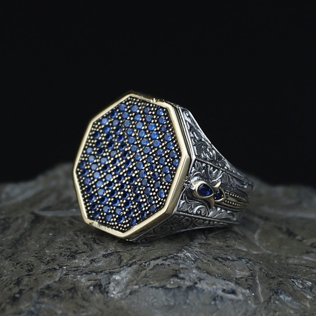 Men Blue Sapphire Stone Signet Ring, Multi Sapphire Stone Ring, Turkish Handmade Ottoman Ring , Father Day Gift, 925k Sterling Silver Ring