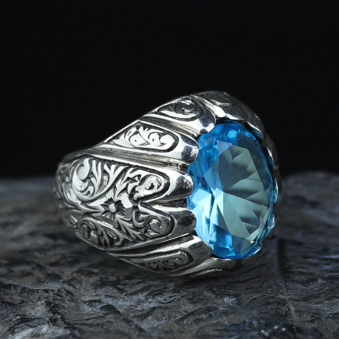 925 Sterling Silver Aquamarine Ring for Men – Vintage Ottoman Style
