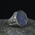 Men Blue Sapphire Stone Signet Ring, Multi Sapphire Stone Ring, Turkish Handmade Ottoman Ring , Father Day Gift, 925k Sterling Silver Ring