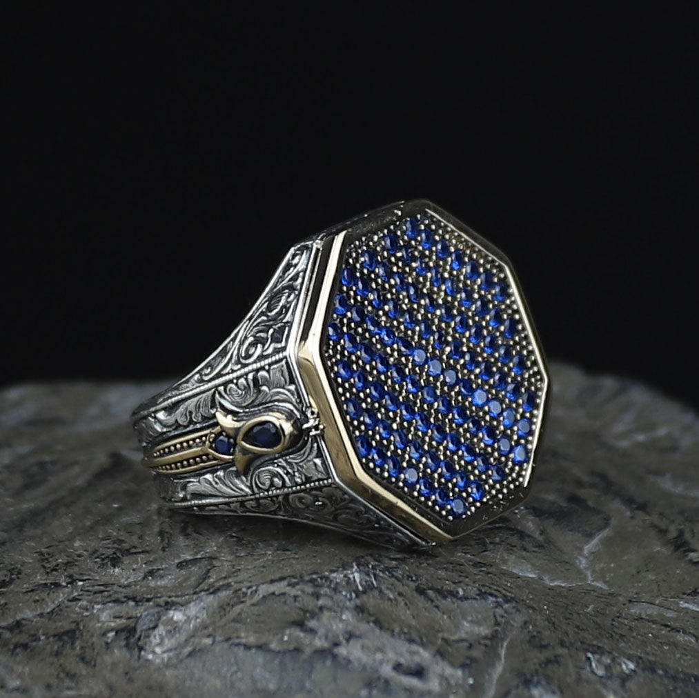 Men Blue Sapphire Stone Signet Ring, Multi Sapphire Stone Ring, Turkish Handmade Ottoman Ring , Father Day Gift, 925k Sterling Silver Ring