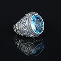 Men Silver Handmade Engraved Aquamarine Gemstone Ring