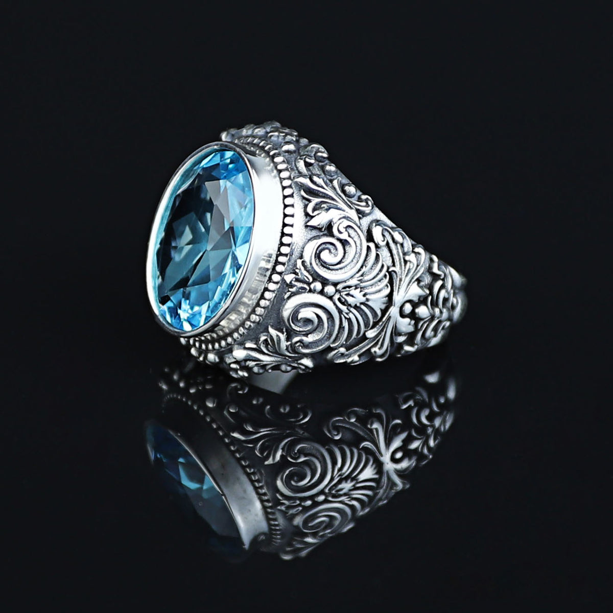 Men Silver Handmade Engraved Aquamarine Gemstone Ring