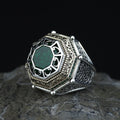 Men Islamic Vintage Emerald Stone Ring, Round Engraved Green Stone Ring, Turkish Handmade Ring, Ottoman Style Ring, 925k Silver Ring