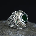 Men Islamic Vintage Emerald Stone Ring, Round Engraved Green Stone Ring, Turkish Handmade Ring, Ottoman Style Ring, 925k Silver Ring