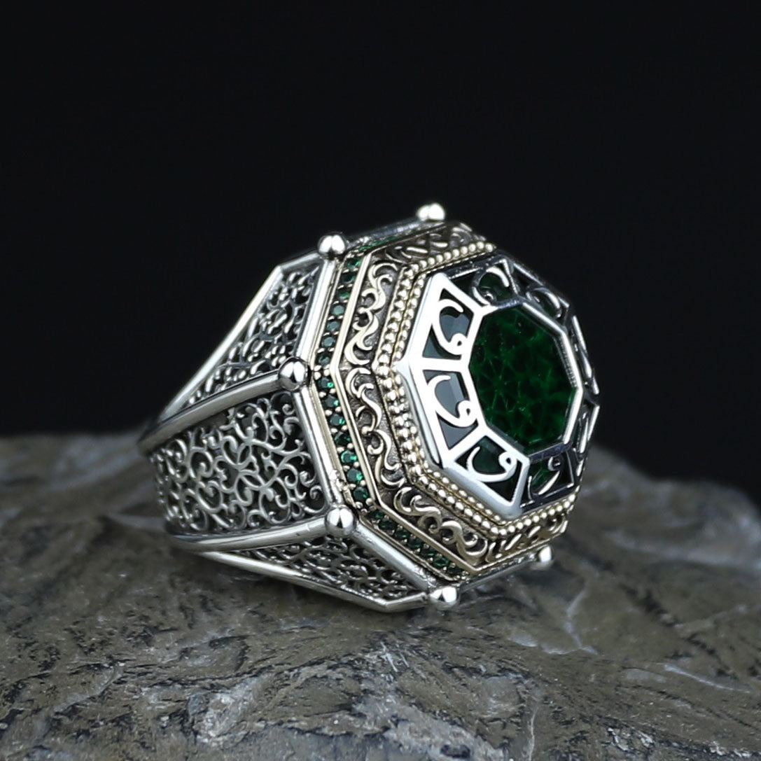 Men Islamic Vintage Emerald Stone Ring, Round Engraved Green Stone Ring, Turkish Handmade Ring, Ottoman Style Ring, 925k Silver Ring