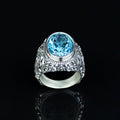 Men Silver Handmade Engraved Aquamarine Gemstone Ring