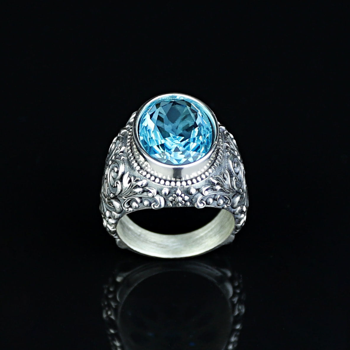 Men Silver Handmade Engraved Aquamarine Gemstone Ring