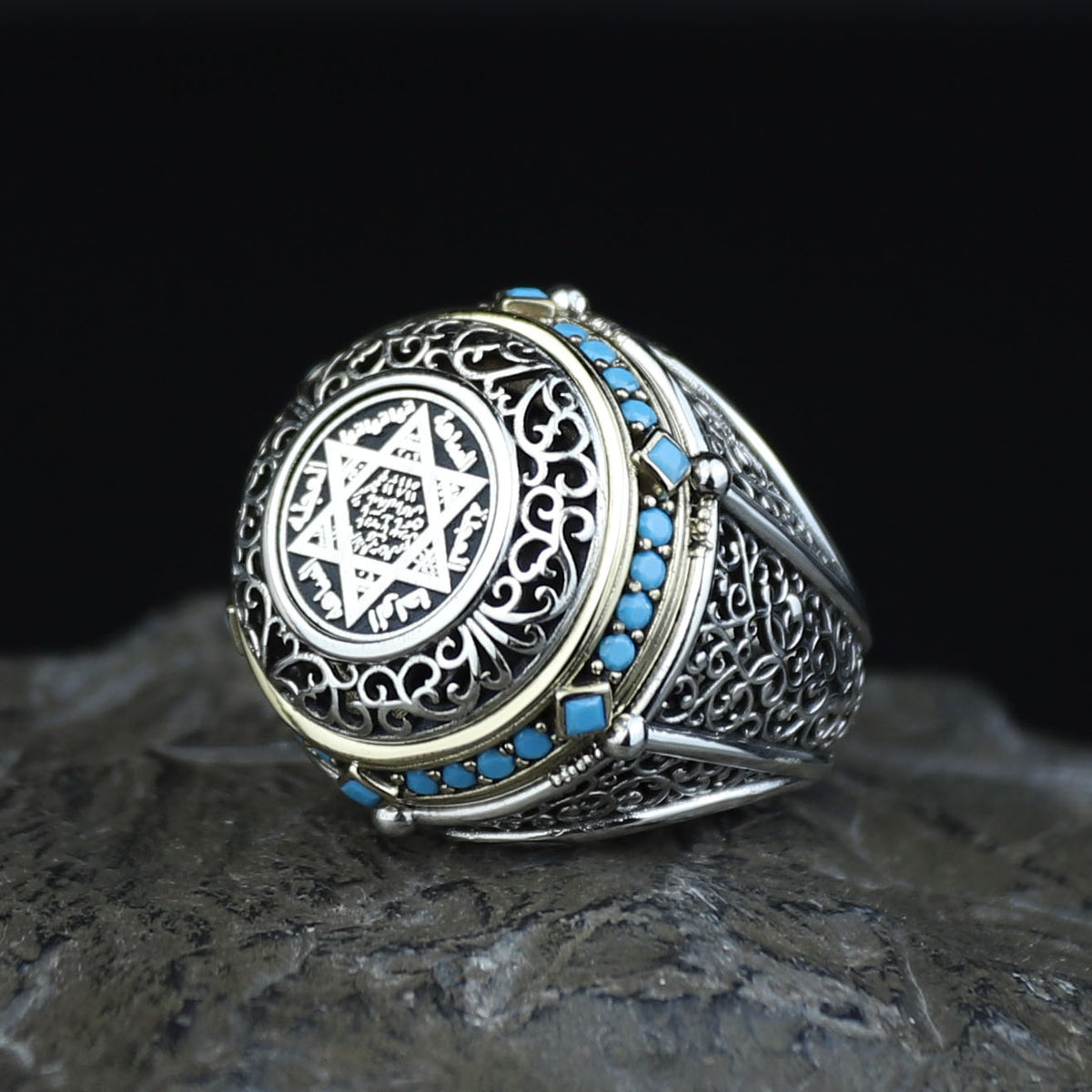 925 Silver Seal of Solomon Ring, Turquoise Stone King Solomon Signet Ring, Handmade Protection Ring, 925 Sterling Silver Ring