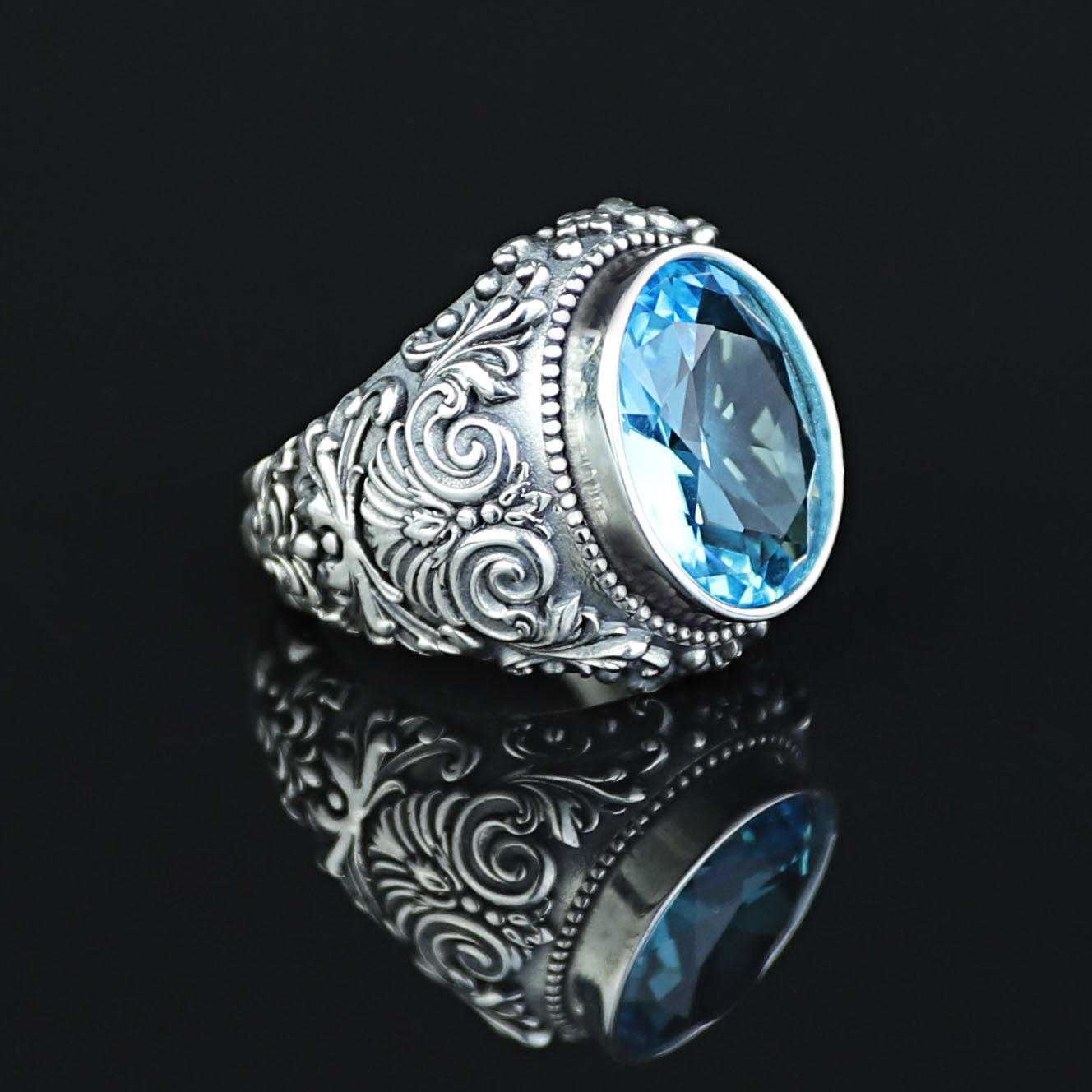 Men Silver Handmade Engraved Aquamarine Gemstone Ring