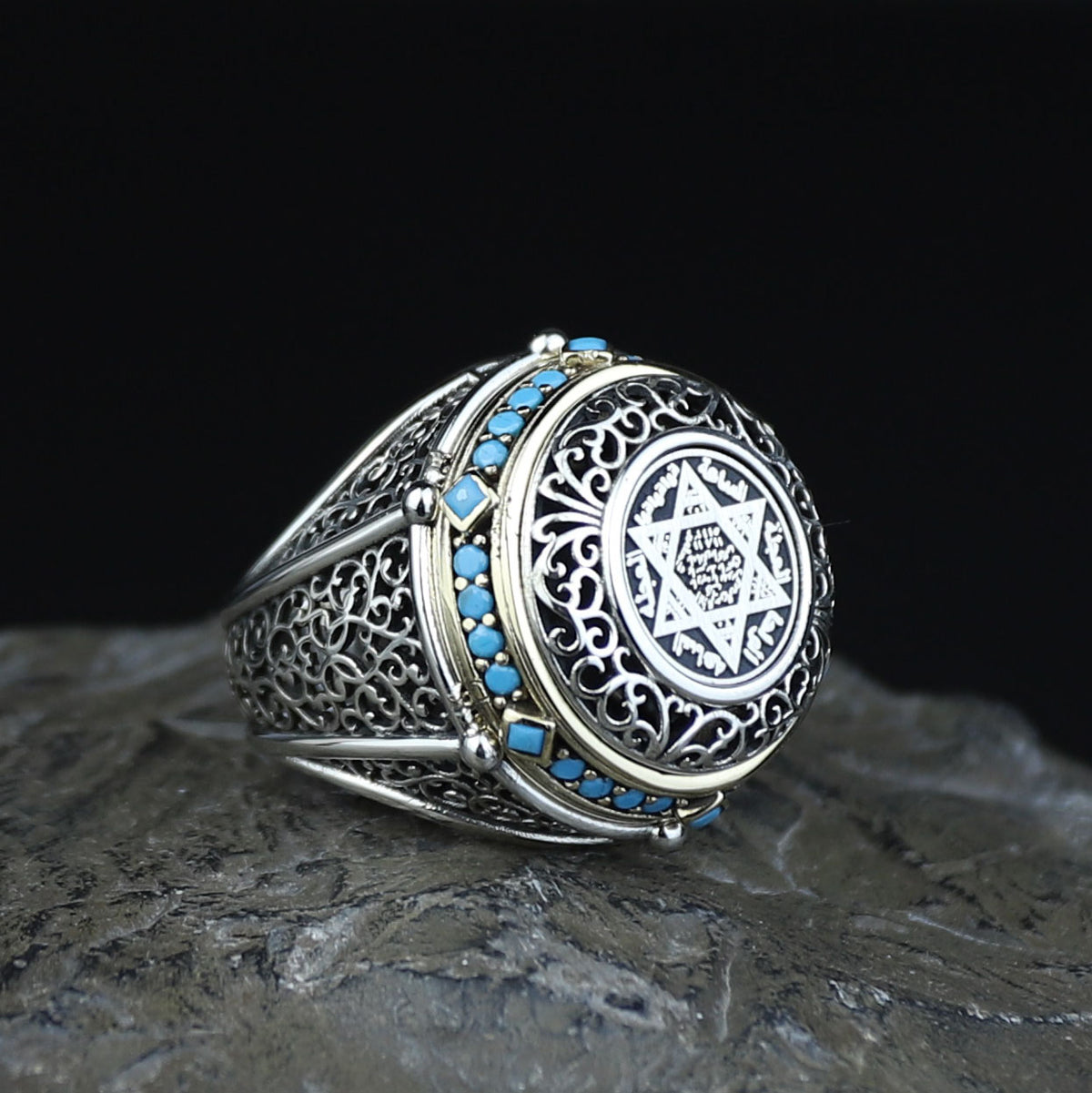 925 Silver Seal of Solomon Ring, Turquoise Stone King Solomon Signet Ring, Handmade Protection Ring, 925 Sterling Silver Ring