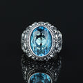 Men Silver Handmade Engraved Aquamarine Gemstone Ring