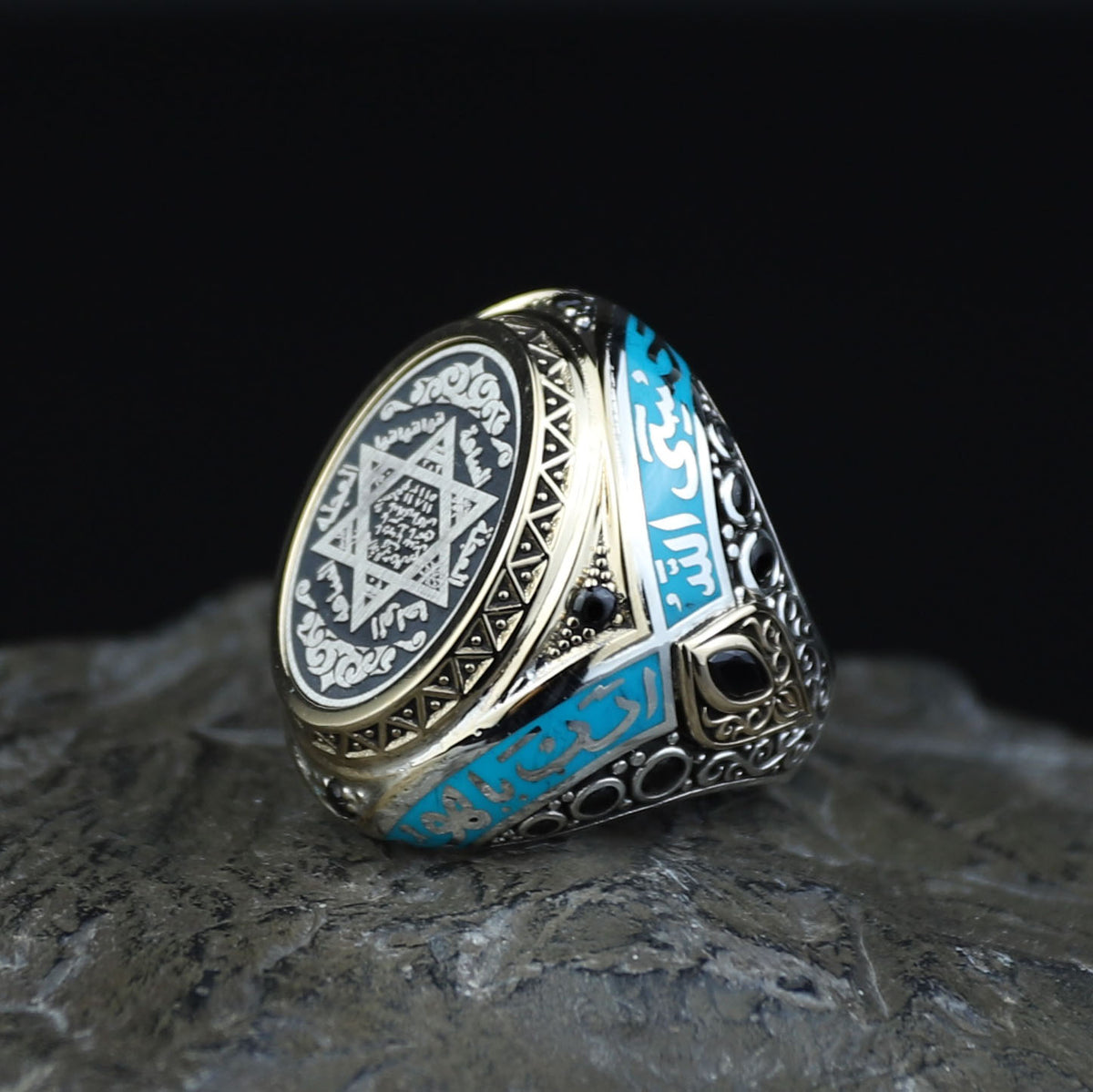925 Sterling Silver Handmade Solomon Signet Ring, Turquoise Stone King Solomon Signet Ring, Gift For Men