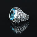 Men Silver Handmade Engraved Aquamarine Gemstone Ring